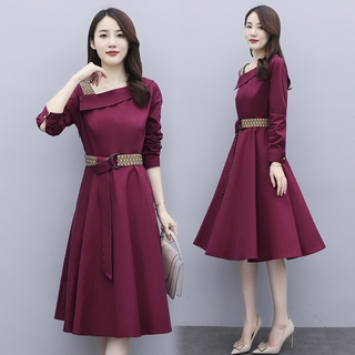 Đầm nữ dài tay cổ bẻ eo thắt dây thời trang hàn