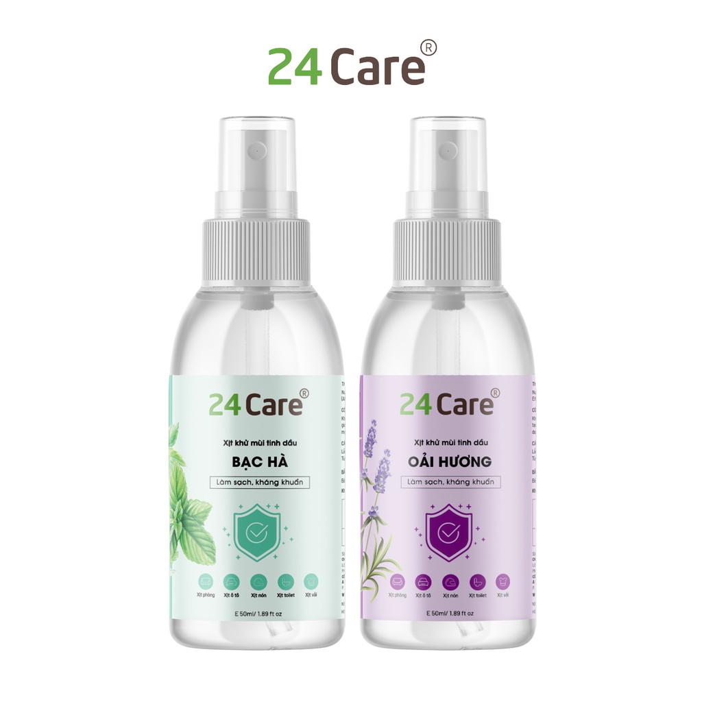 Combo 2 xịt khử mùi thơm phòng Bạc Hà + Oải Hương 24Care 50ml/chai