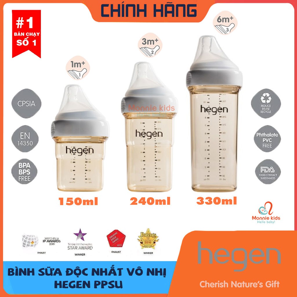 Bình sữa cho bé Hegen PPSU, Bình sữa trẻ em cổ rộng 150ml 240ml 330ml - Monnie Kids