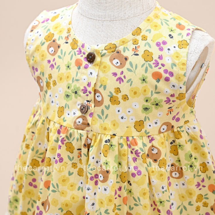 Bộ Đồ Carrot Cho Bé Gái, Họa Tiết Gấu Và Hoa, Không Tay Dáng Baby Doll, Chất Thô Cotton Thoáng Mát Thấm Hút Mồ Hôi Tốt