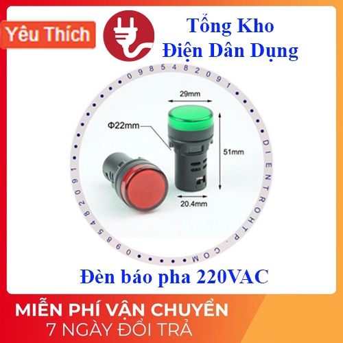 Đèn báo pha 220VAC phi 22mm, đèn báo tủ điện công nghiệp