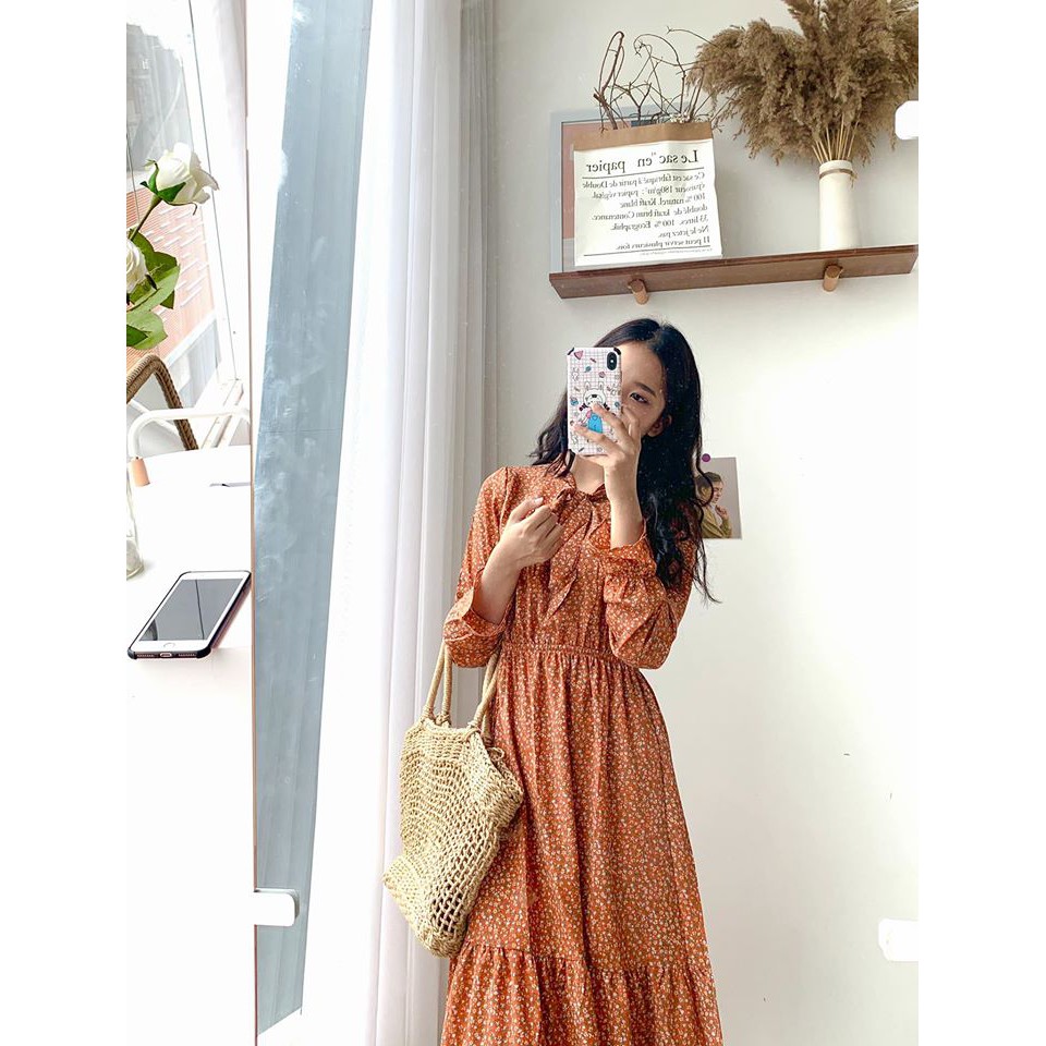 Váy hoa nhí dài tay thắt nơ - Váy vintage - Đầm thu đông - Cỏ Clothes