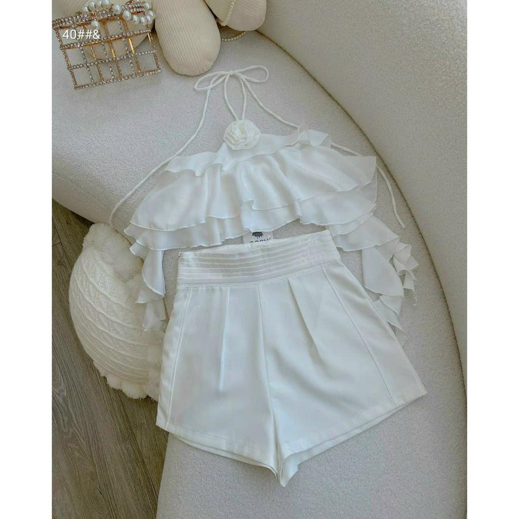 Set đồ nữ đi chơi, set áo tua rua cổ yếm phối quần đùi dính nơ nhiều màu xinh xắn cho nàng đi chơi, đi bar đều xinh