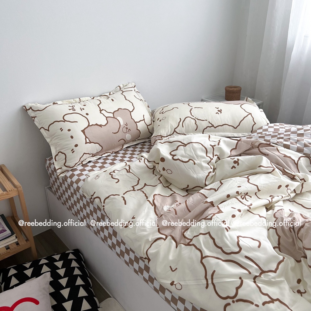 Bộ chăn ga gối poly cotton REE Bedding đủ size giường nệm gấu caro nâu PLC38