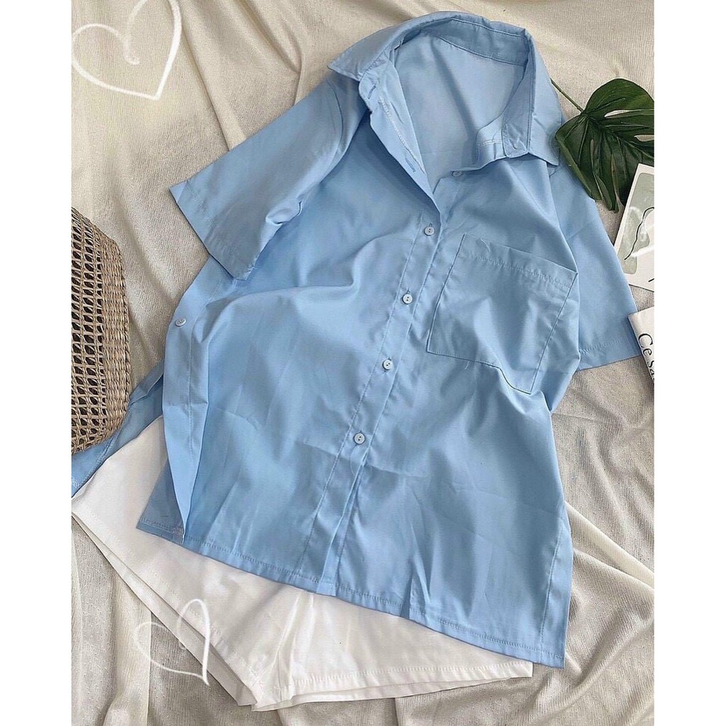 [Ảnh thật] Áo sơ mi thô xẻ vạt lệch cúc sườn basic cộc tay ulzzang