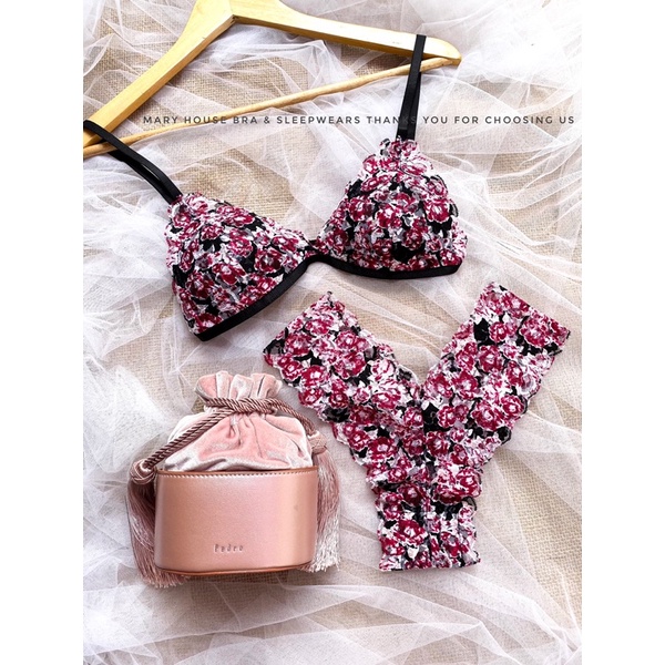 SET BRALETTE REN MÚT NGỰC QUẦN Y HOA NHÍ ĐỎ
