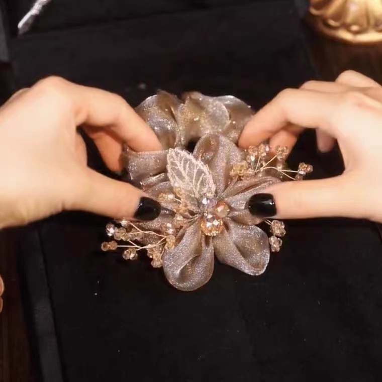 Dây Cột Tóc Đính Hoa Vải Màu Champagne Phong Cách Hàn Quốc Thời Trang Mùa Hè Cho Nữ