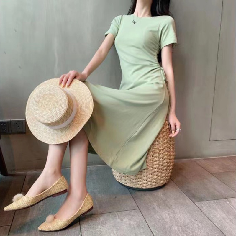 AOFEIQIKE Đầm ngắn tay màu trơn cổ tròn chiết eo phong cách hè 2021 cho nữ