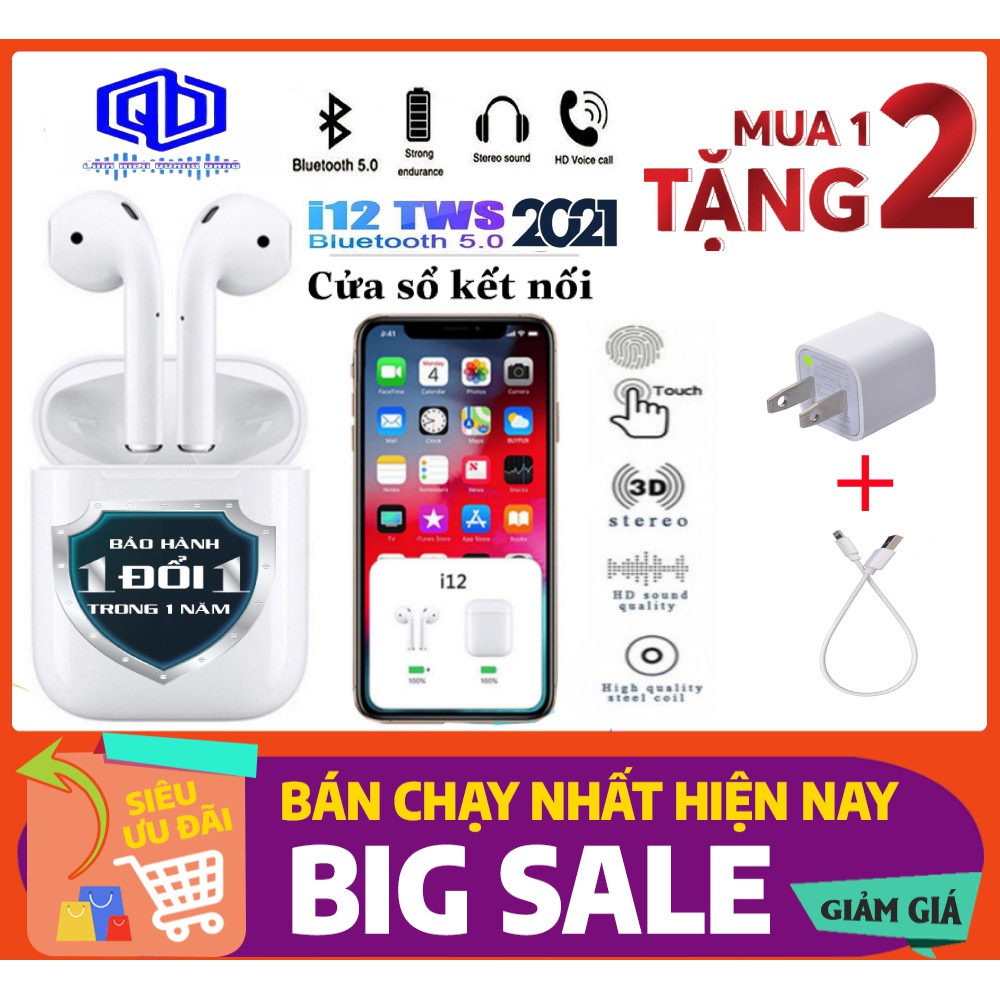 [ BIG SALE ] TAI NGHE BLUETOOTH I12 2021 , TAI NGHE , BLUETOOTH MINI , TẶNG CÓC SẠC , CÁP SẠC . TAI 