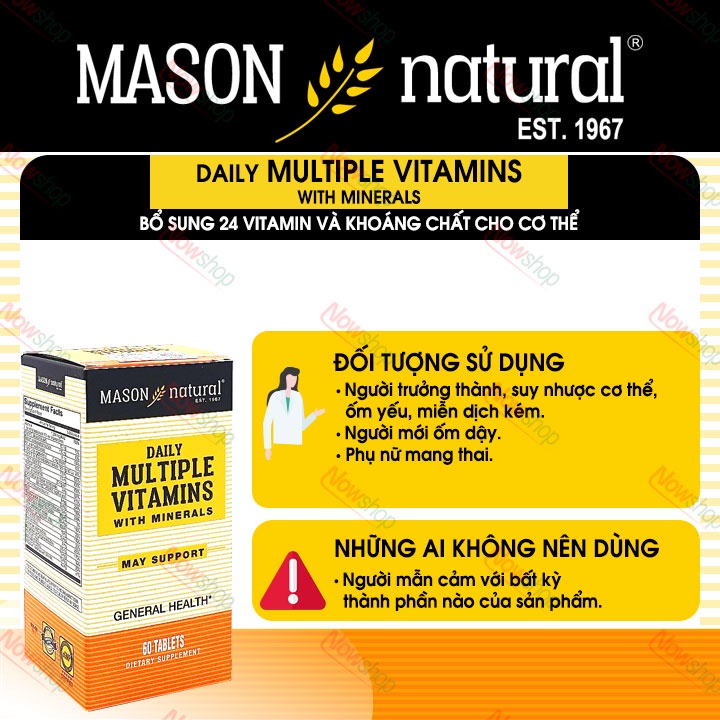 Viên uống bổ sung vitamin và khoáng chất tổng hợp Mason Natural Daily Multiple Vitamins With Minerals giúp tăng sức khỏe