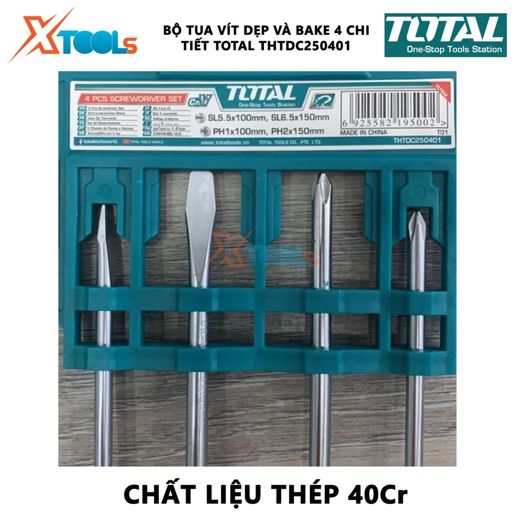 Bộ tuốc nơ vít dẹp và bake 4 chi tiết TOTAL THTDC250401 | dùng để siết chặt hoặc gỡ bỏ ốc vít [CHÍNH HÃNG] [XTOOLs]