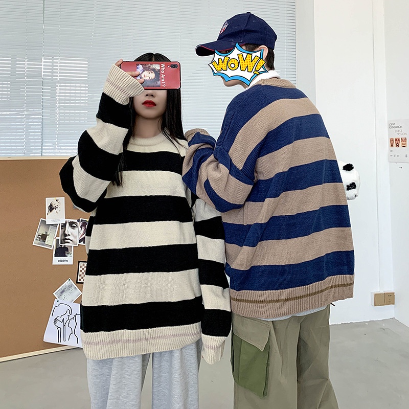 Áo sweater dệt kim dáng rộng kẻ sọc phong cách Hồng Kông thời trang thu đông cho cặp đôi
