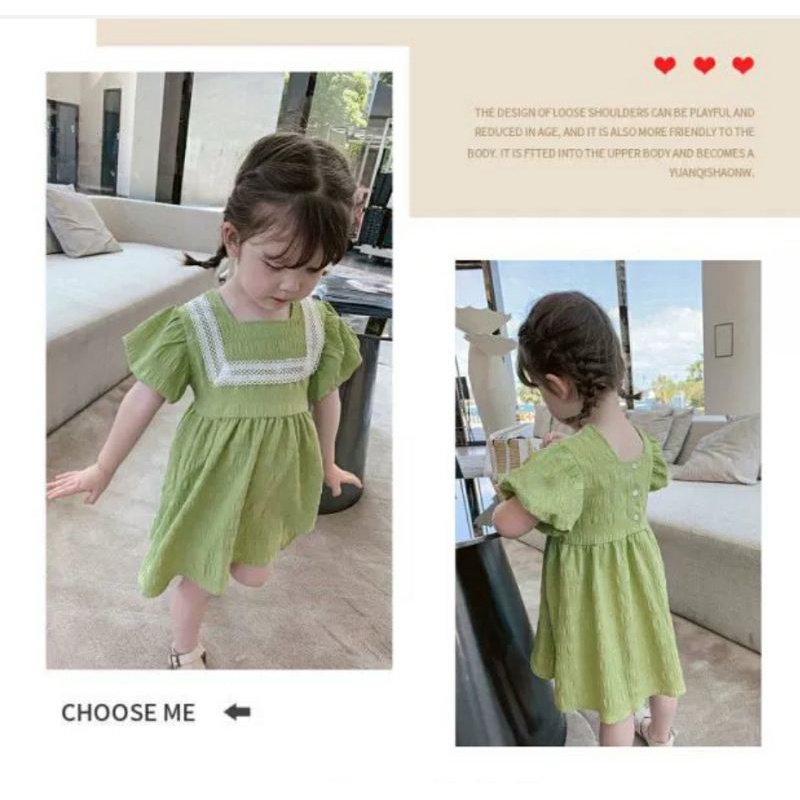 Đầm bé Gái Dáng Xòe , Tay Bồng , Phối Ren Trắng, Chất Xô Mềm Mát