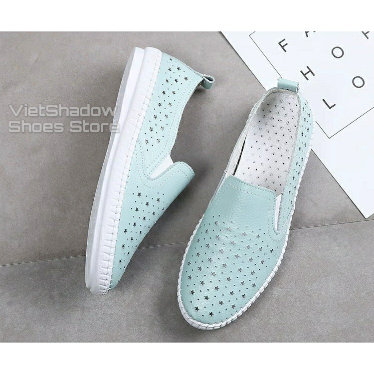 Slip on da nữ - Giày lười da nữ đột lỗ đế khâu - Chất liệu bò 2 màu (đen) và (trắng) - Mã SP 2026N