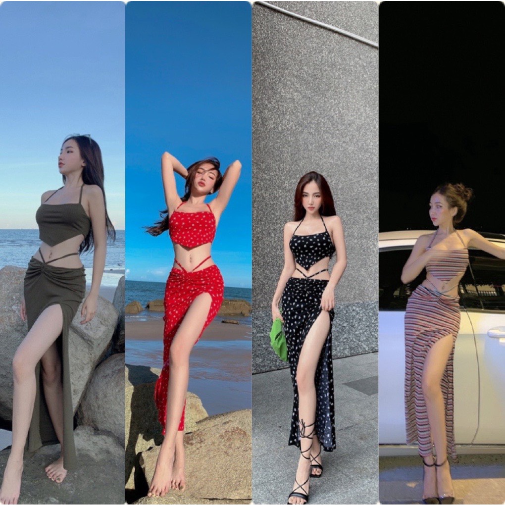 Set croptop Yếm + chân váy maxi xẻ đùi dáng dài cột eo sexy SE03274