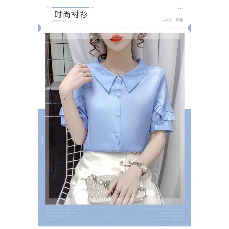 Áo Sơ Mi Voan Tay Ngắn Cổ Bẻ Phối Bèo Màu Xanh Dương Thời Trang Mùa Hè Cho Nữ 0K6I