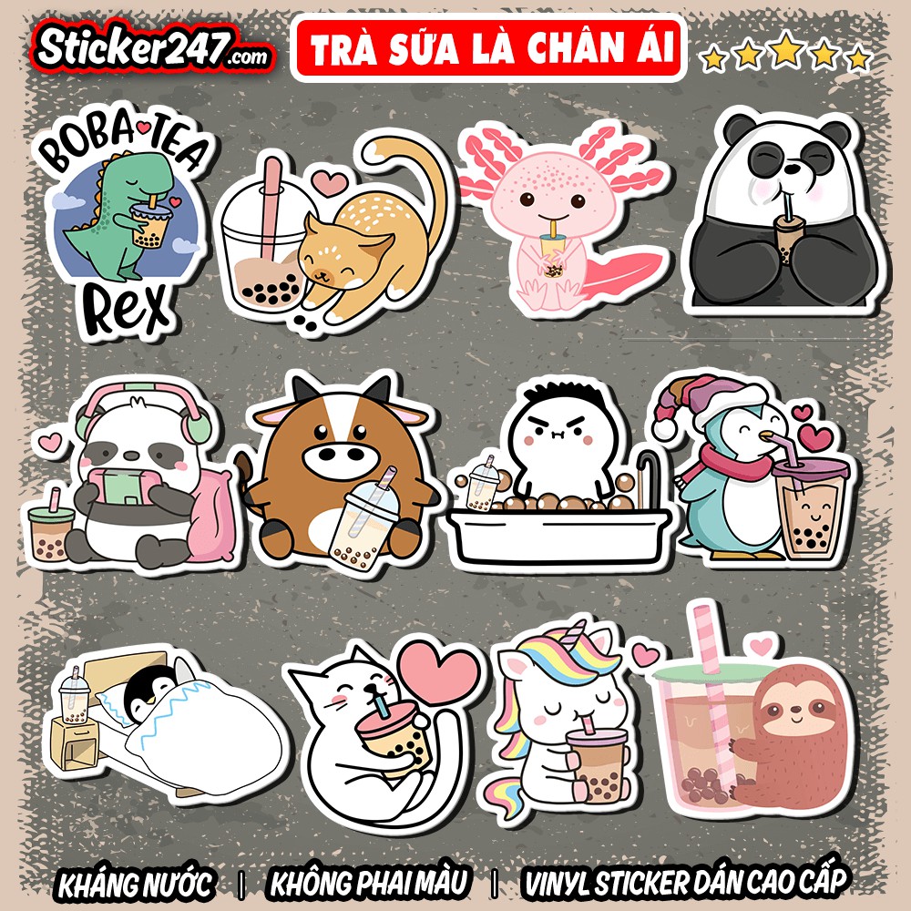 Sticker Cute Animal Uống Trà Sữa 𝑭𝒓𝒆𝒆𝒔𝒉𝒊𝒑 Decal Chống Thấm Nước, Sticker Dán Mũ Bảo Hiểm, Dán Vali, Laptop, Đàn Guitar