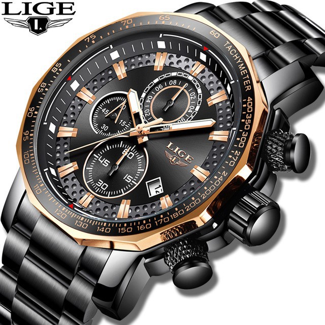 Men Watch LIGE Business Casual Stainless Steel Waterproof Analog Quartz Clock