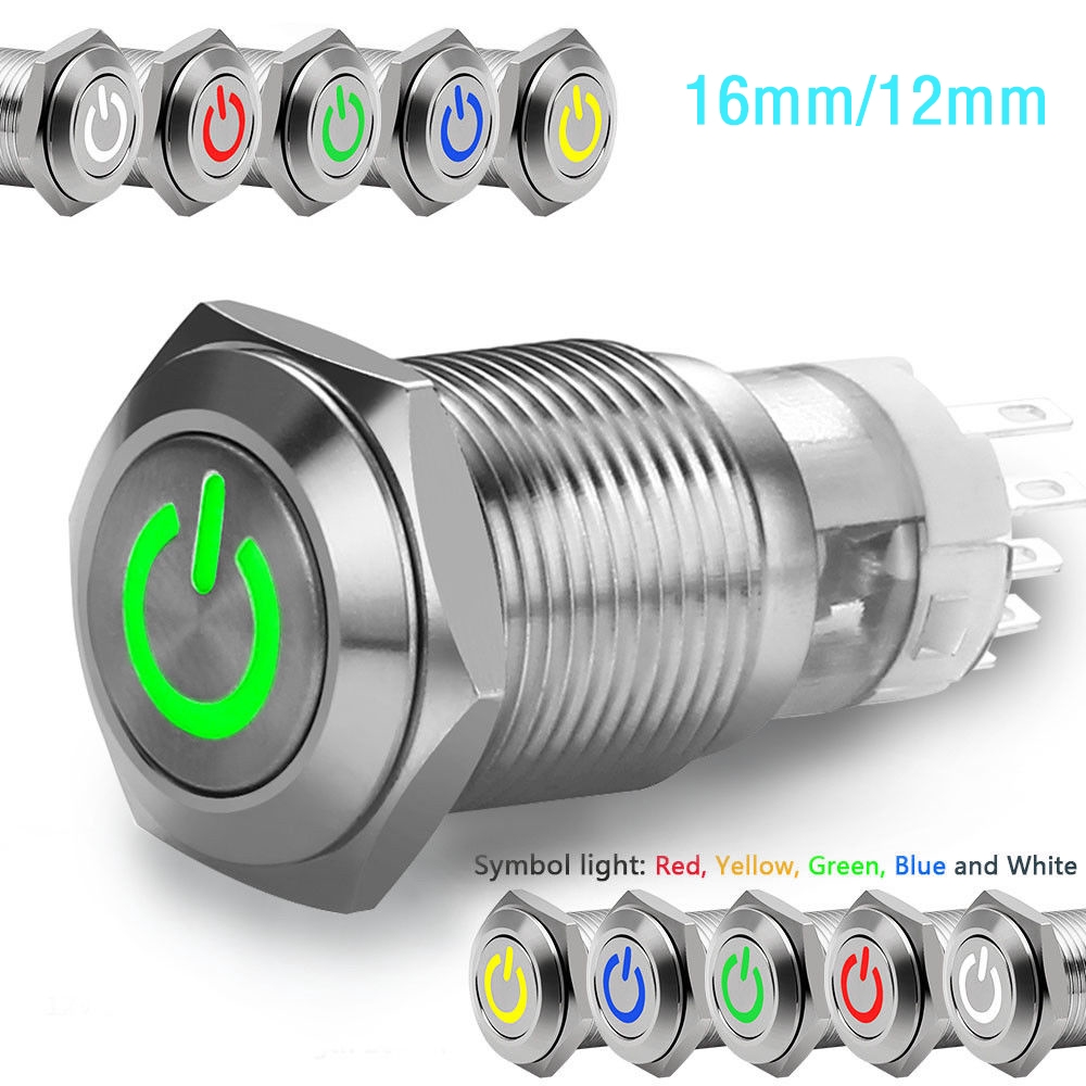 Nút nhấn giữ đèn led biểu tượng nguồn kim loại chống thấm nước 16 12mm 9 -30V led phát quang đỏ trắng xanh lá