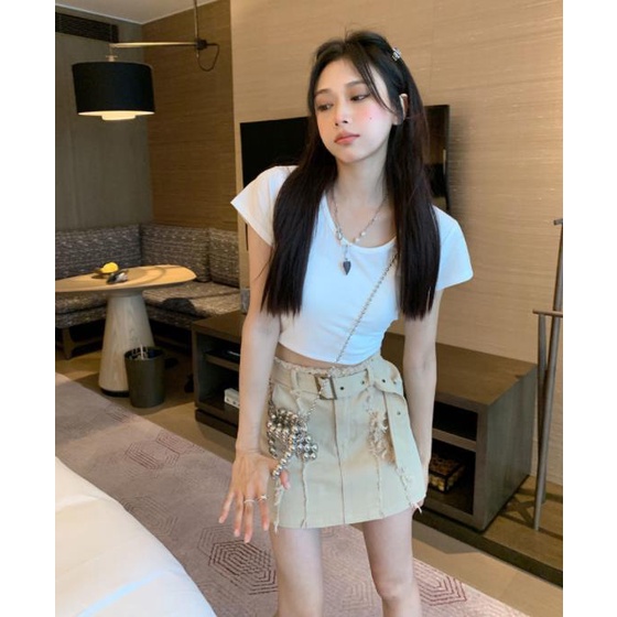 Jiashucheng Chân Váy Denim Chữ A Lưng Cao Màu Đen Thời Trang Mùa Hè 2023 Cho Nữ