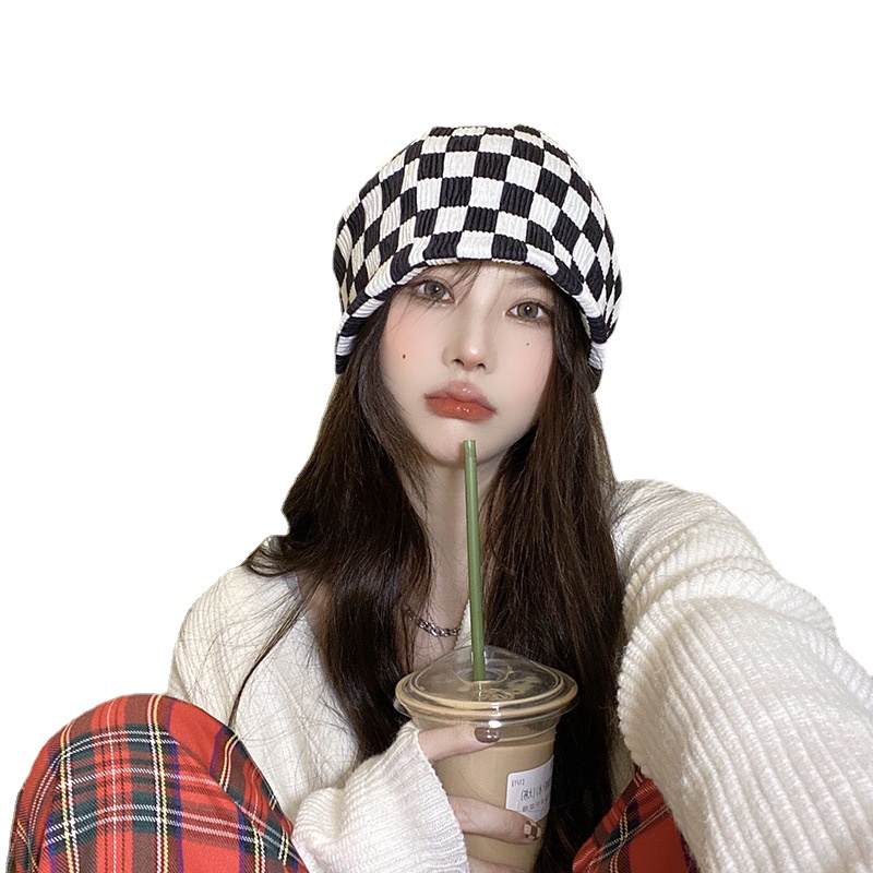 Mũ thời trang kiểu hàn quốc họa tiết kẻ ô trắng đen thời trang mùa xuân hè cho nam và nữ