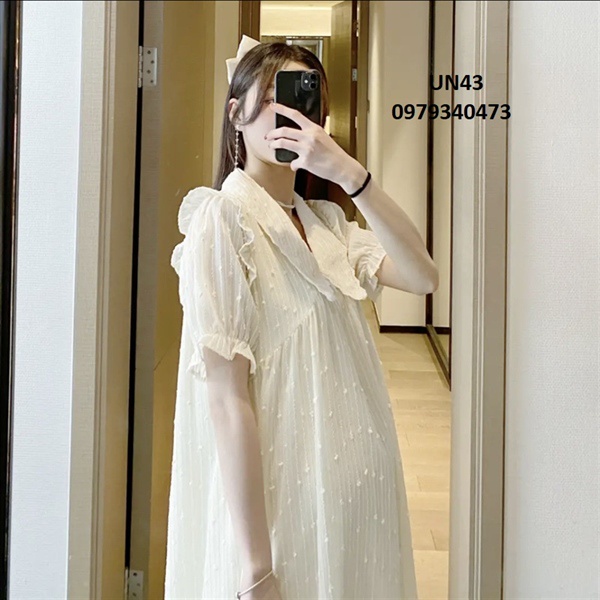 Đầm bầu cổ bèo sơ mi  chất voan 2 màu hồng và kem-UN43