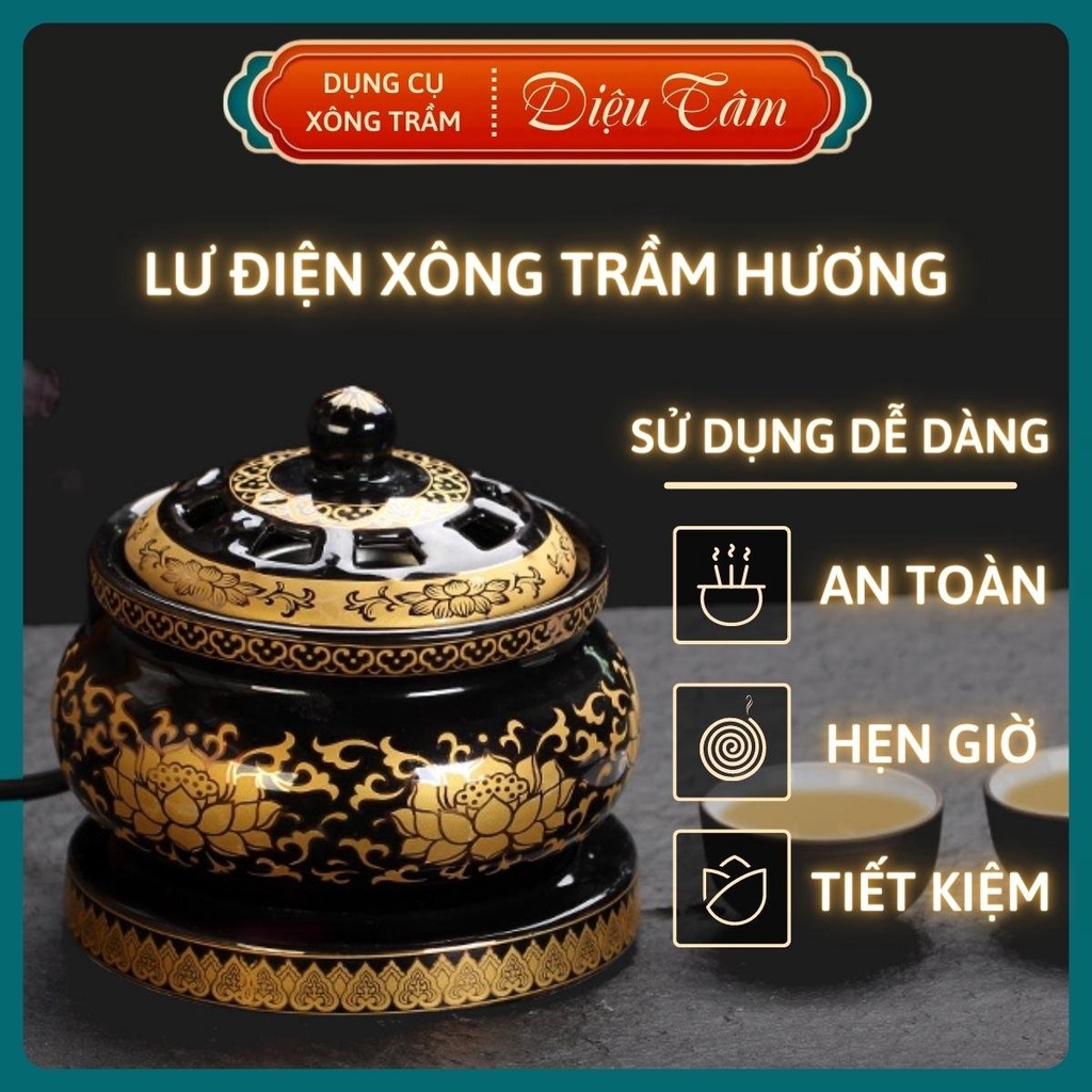 Lư điện xông trầm - lò xông trầm điện sen vàng dùng thay cho lư xông trầm hương đồ thờ cúng Diệu Tâm