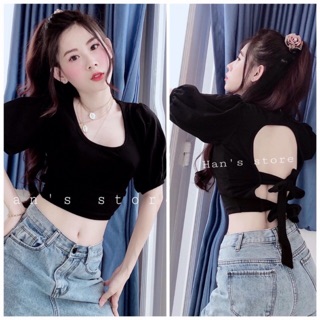 Áo kiểu tay phồng cổ U hở lưng cột 2 dây nơ sau