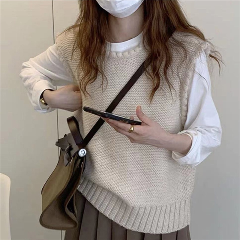 Áo Sweater Dệt Kim Sát Nách Cổ Tròn Dáng Rộng Màu Sắc Đơn Giản Thời Trang Xuân Thu Cho Nữ