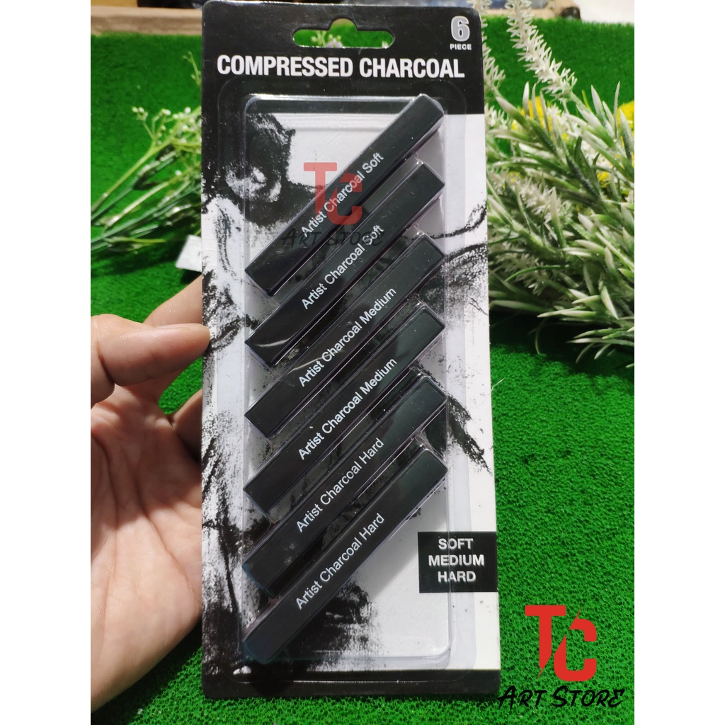 Than vuông, than nén, Charcoal stick , Bột than nén/ Compressed charcoal set (gồm 6 cây, 3 loại mềm, trung, cứng)