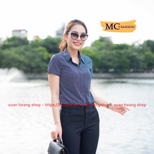 Áo Sơ Mi Nữ Kẻ Sọc Kiểu Công Sở, Tay Ngắn Cộc Đẹp Mc Fashion, Trắng, Xanh Tím Than, Hồng, Đỏ, Size Đủ, Chất Mát A631