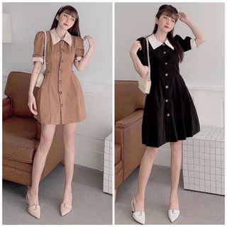 Đầm váy nâu phối cổ vạt trắng tiểu thư