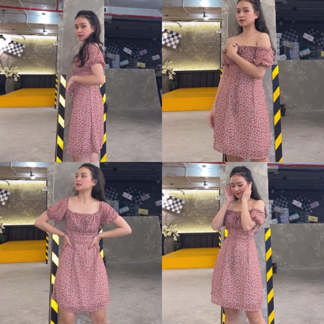 Đầm xinh Xmas Dress hoạ tiết hoa nhí chất vải lụa voan from chuẩn tôn dáng có bo chun co giãn phía sau tay bèo trễ vai | BigBuy360 - bigbuy360.vn