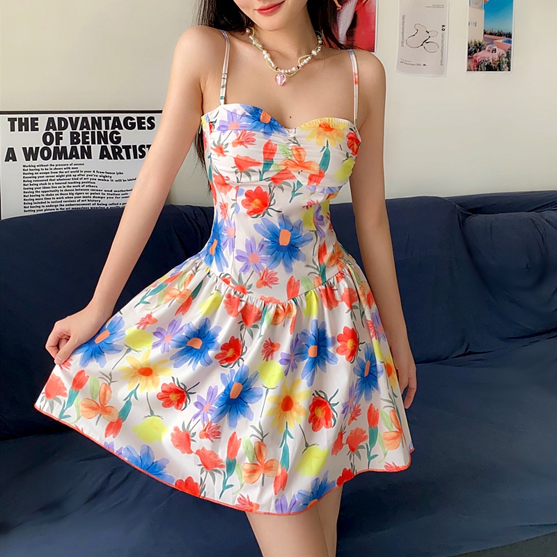 Đầm Hai Dây Hở Lưng In Hoa Phong Cách Pháp Ngọt Ngào Dành Cho Nữ