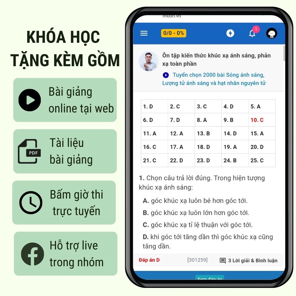 Sách ID vật lý luyện thi thptqg, ôn thi đánh giá năng lực 2023, 2000 bài tập sóng ánh sáng và hạt nhân nguyên tử