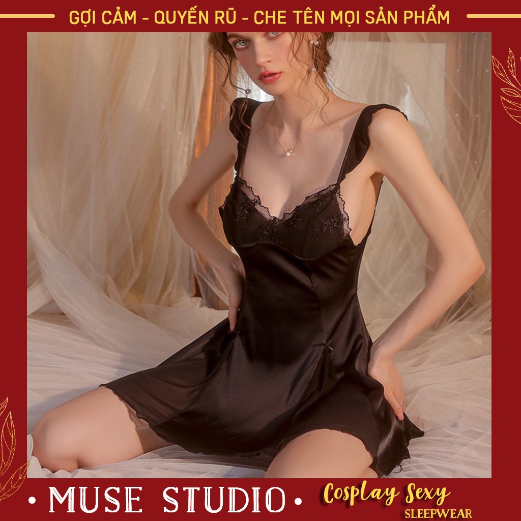 Đồ ngủ sexy, Váy ngủ cao cấp lụa satin phối ren mềm mại có đệm ngực hở lưng gợi cảm