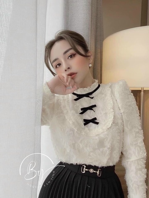 Áo thêu tiểu thư nơ cổ🎀Freeship🎀 kèm video ảnh thật