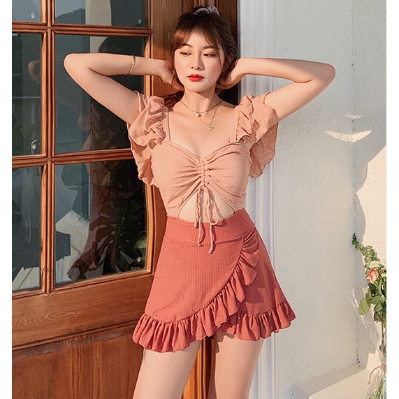 (Sẵn-Có ảnh thật) Bikini Dạng Váy Thời Trang Style Hàn quốc #8250-Đỏ Cam