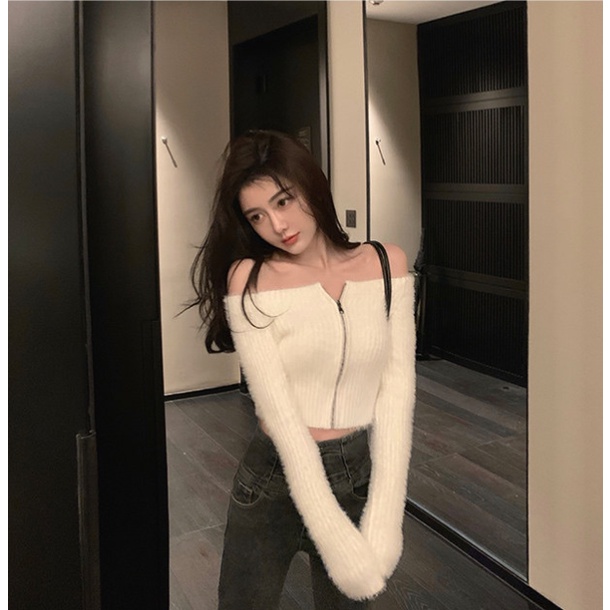 Áo kiểu cardigan dệt kim phối dây kéo thiết kế trễ vai quyến rũ dành cho nữ