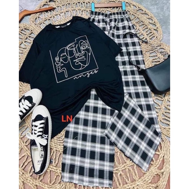 Sét áo mặt người ô vuông + quần kẻ màu đen TH6