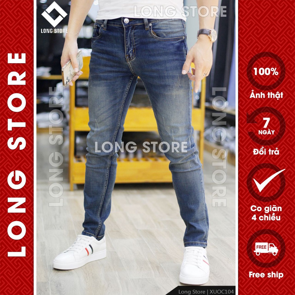 Quần jean nam rách xước cao cấp chất bò co giãn màu xanh đậm ống đứng dáng ôm skinny LONGARES Xuoc104