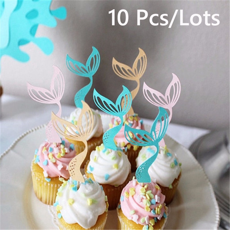 10 Pcs/lot Glitter Mermaid Cupcake Paper Insert Card Toppers Birthday Party Wedding Cupcake Decoration