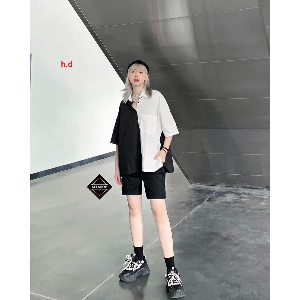 Áo sơ mi nữ phối 2 màu đen trắng mặc rất xinh