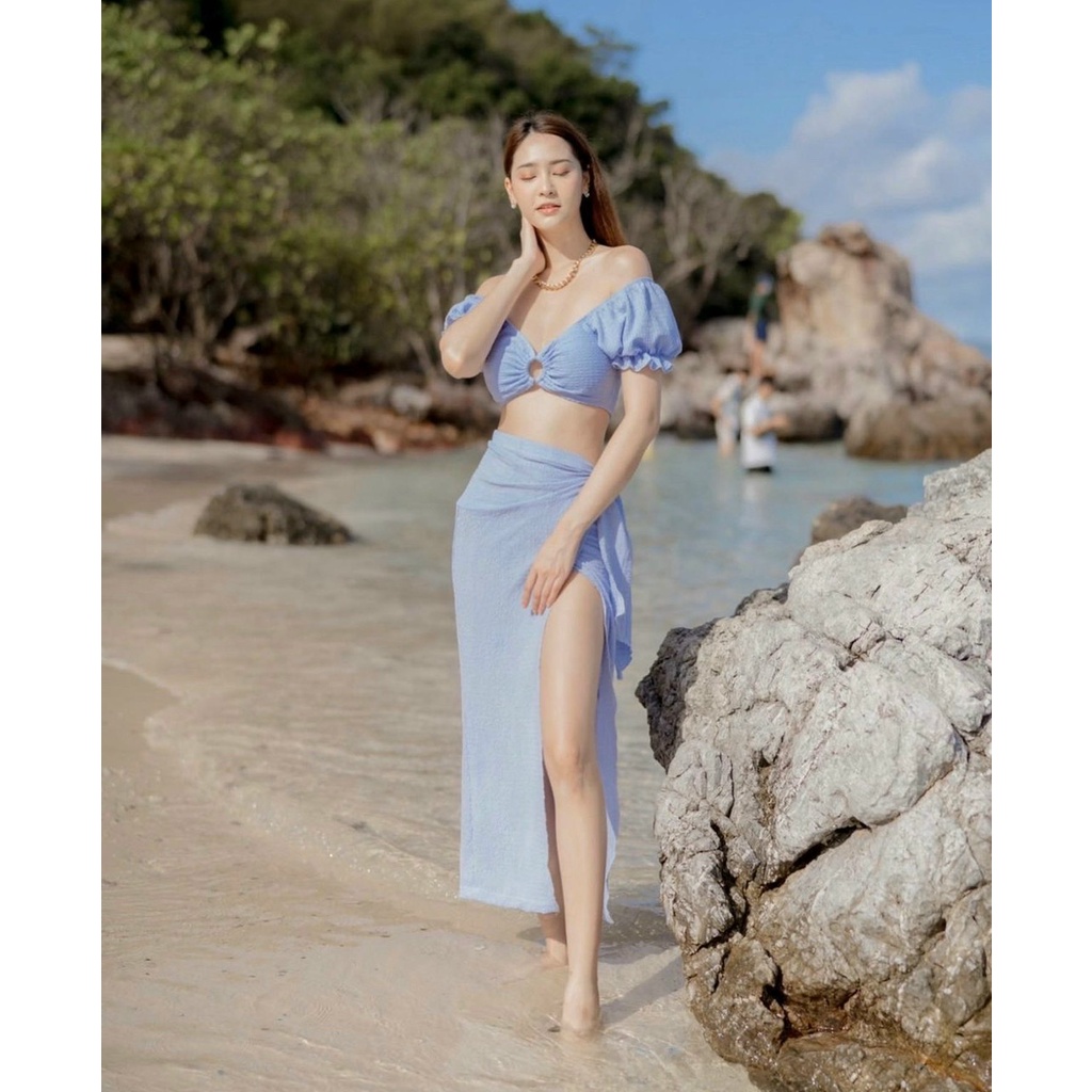 Đồ bơi nữ, Bikini Set 3 món áo tay bồng trễ vai phối khoen, quần chan váy dài  cực xinh,chất vải xốp Bin Sports BHV170