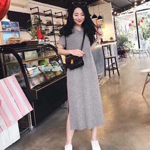 Váy suông cotton trơn fom rộng cổ tym basic 2 màu đen-xám