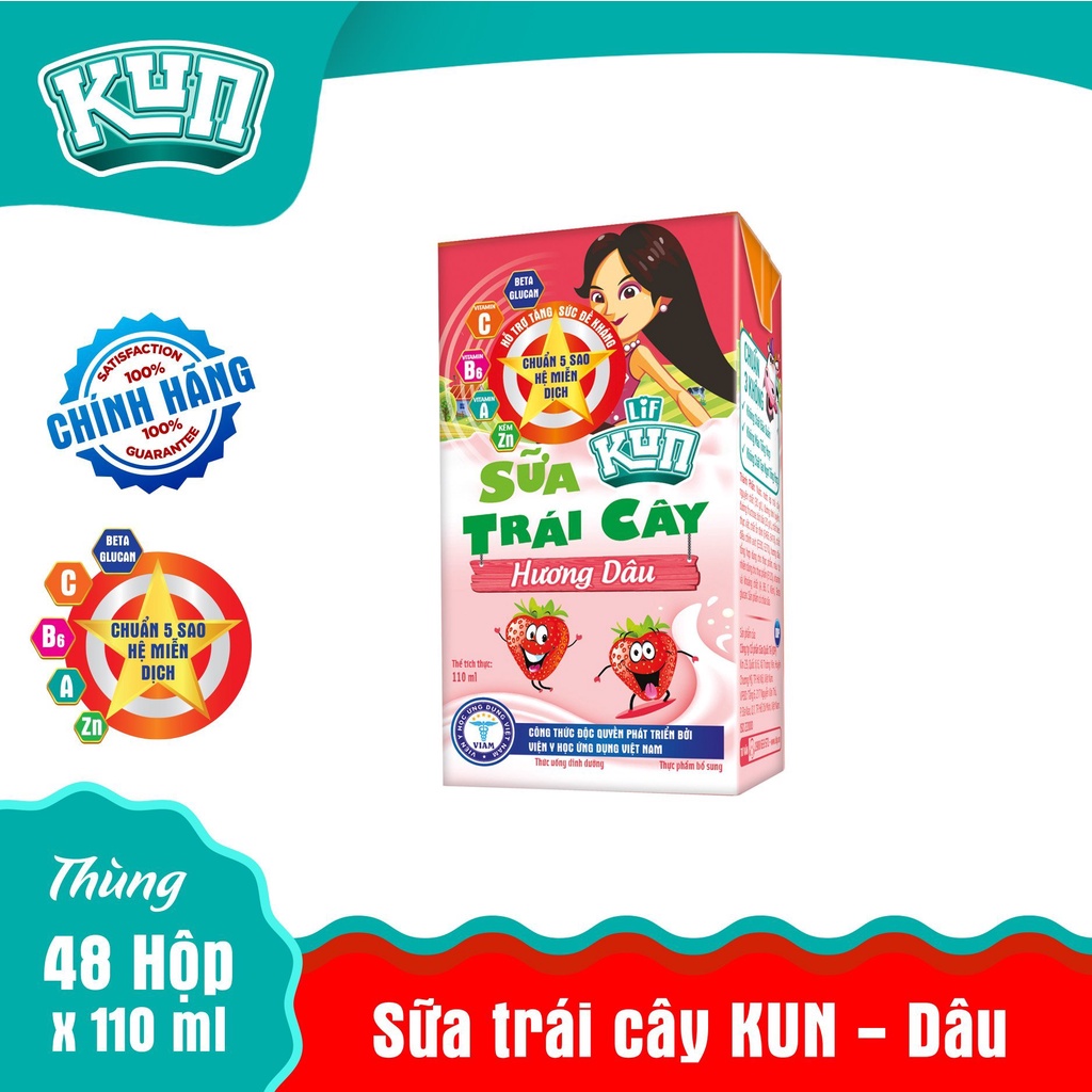 Thùng 48 hộp 110ml sữa KUN TRÁI CÂY vị DÂU