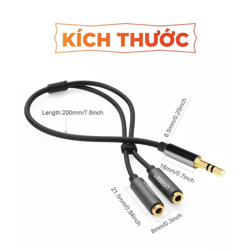 Dây chuyển đổi Audio 3.5mm 1 đầu Đực sang 2 đầu 3.5mm Cái, 2 tai nghe, đầu nhôm Ugreen AV123 dài 20cm - Hàng Chính Hãng