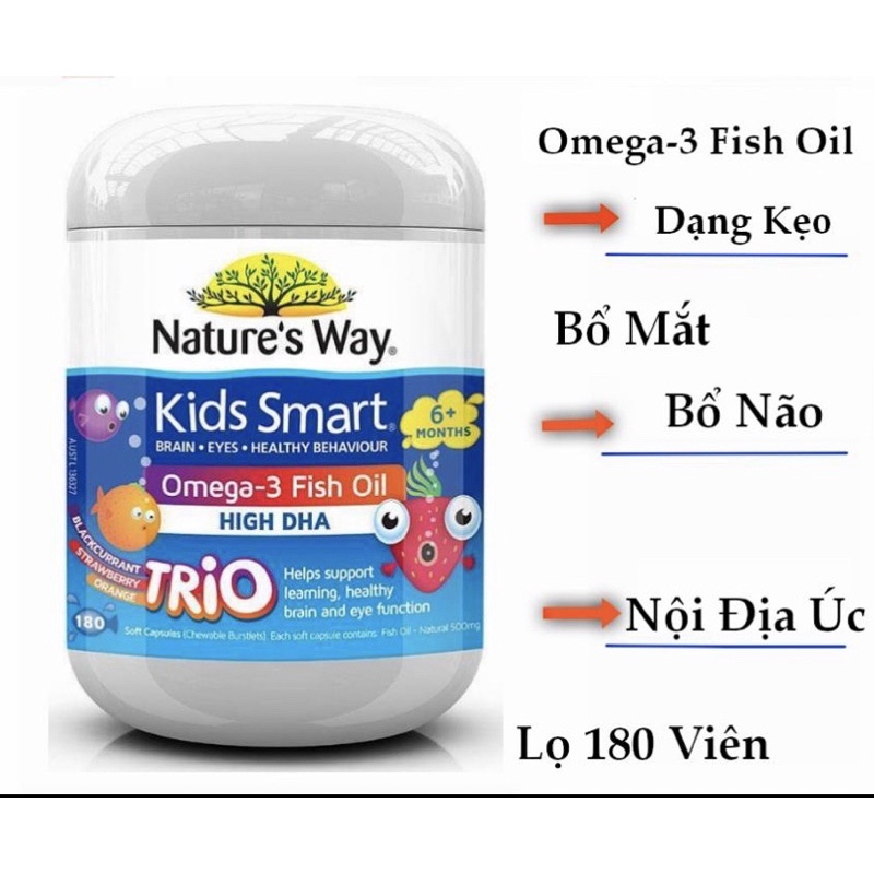Dầu Cá Nature's Way Omega-3 Fish Oil Trio Giúp Bổ Sung DHA Phát Triển Trí Tuệ Cho Bé 180 Viên - Nội Địa Úc