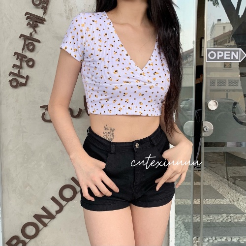 [SET 2 MÓN] Set áo croptop hoa nhí cổ tim chữ V + quần jeans thời trang nữ ulzzang năng động sexy mùa hè đi chơi basic