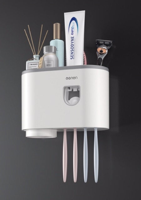 GQ376 Bộ nhả kem và cốc để bàn chải đánh răng tự động tiện lợi nhựa ABS an toàn (Tặng Kèm Miếng Dán)